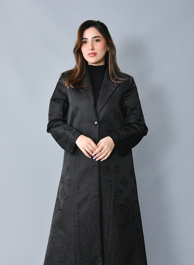 HAWRAA ABAYA Elegant blazer-style abaya with an A-line silhouette, crafted from refined fabric adorned with floral patterns - Image 1